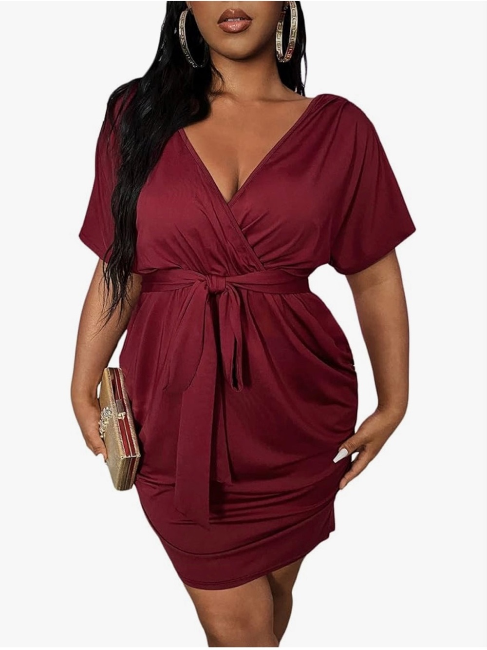 ROMWE Burgundy Wrap-Front Tie Waist Mini Dress